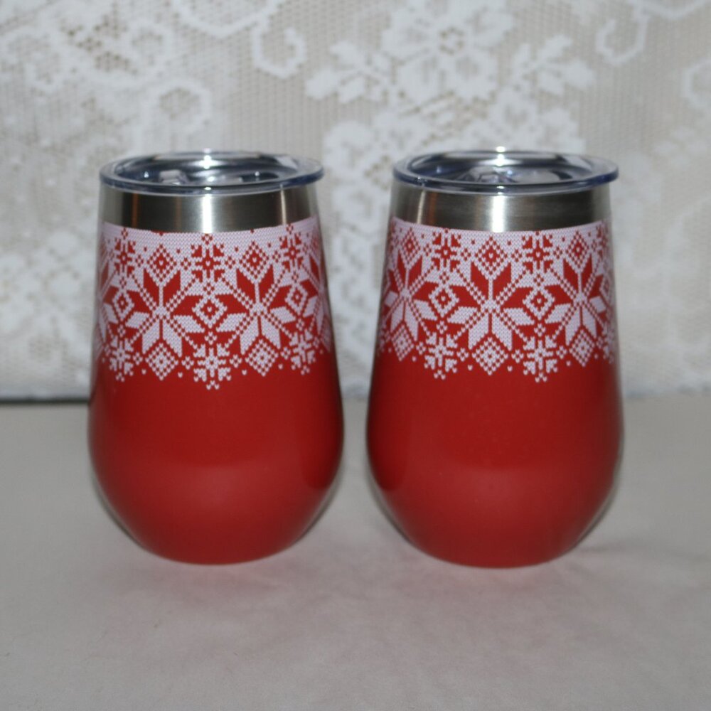 This lot of 2 Tal stainless steel wine tumblers with lids holds 12oz no straws
